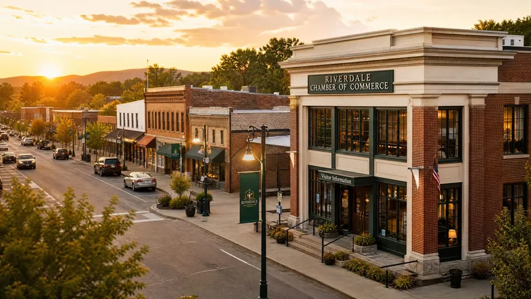 A chamber of commerce building on a small-town main street at golden hour