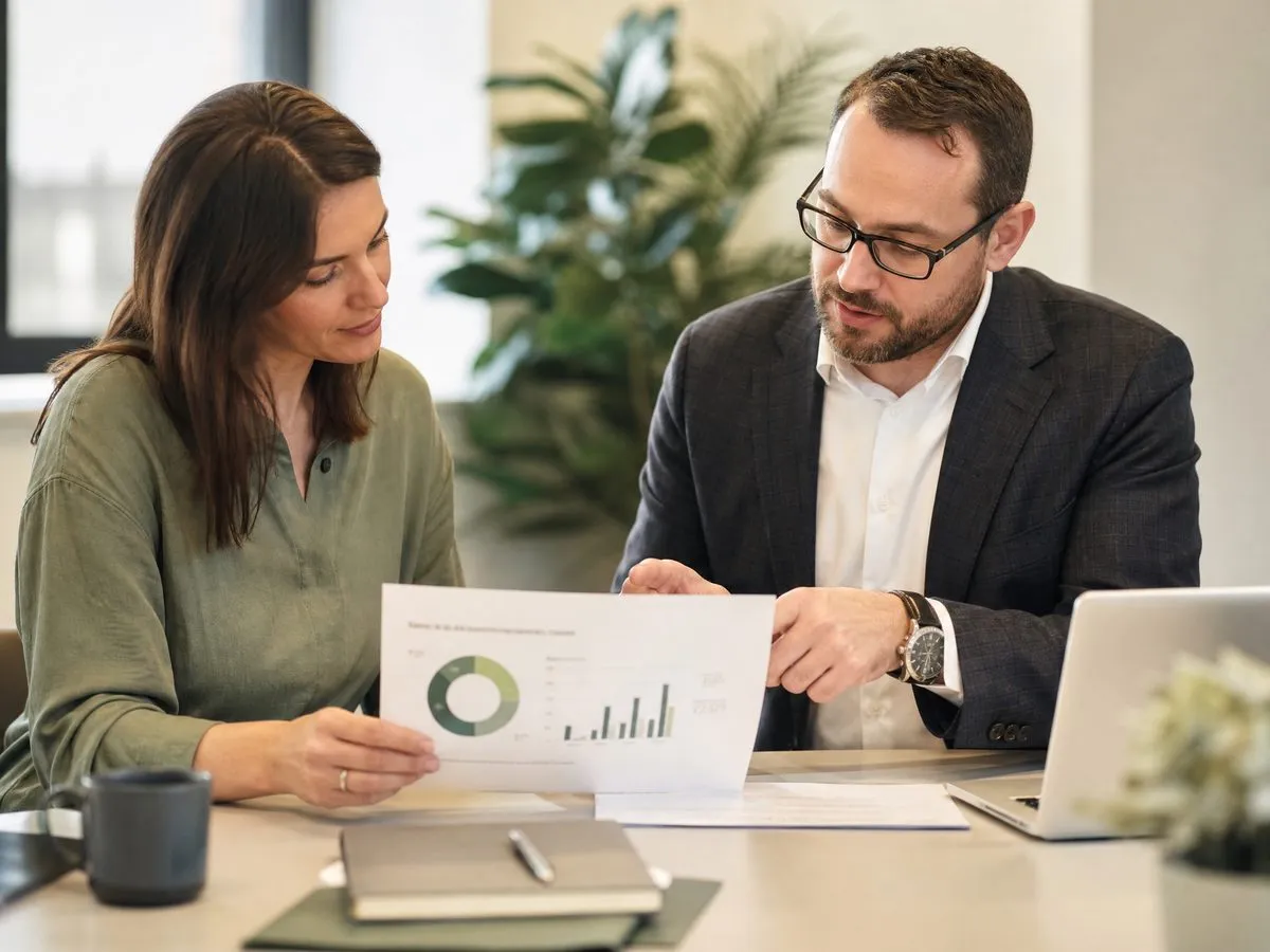 Two professionals reviewing a strategic report together